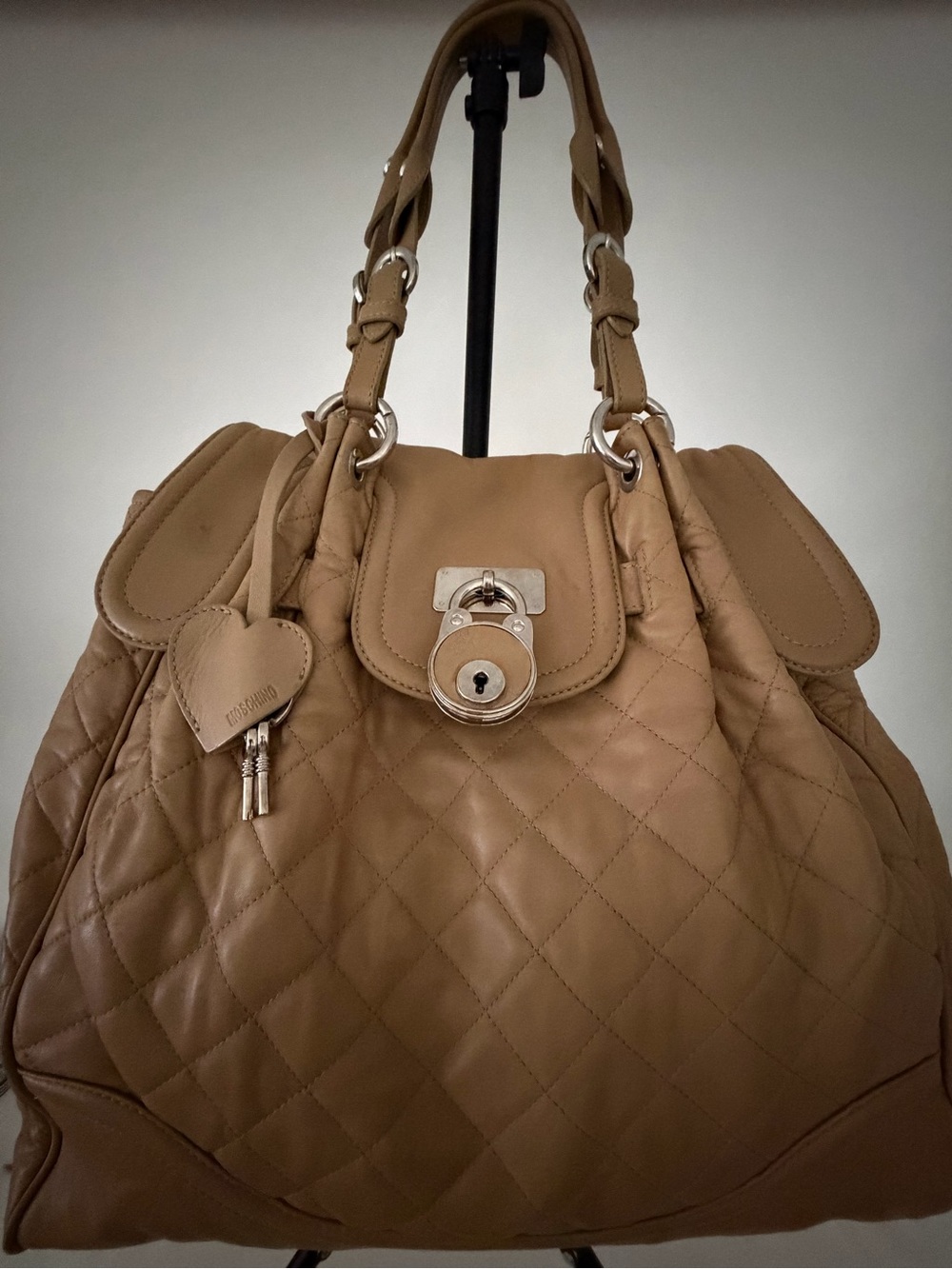 Moschino Quilted Tan Leather Satchel with Heart Charm